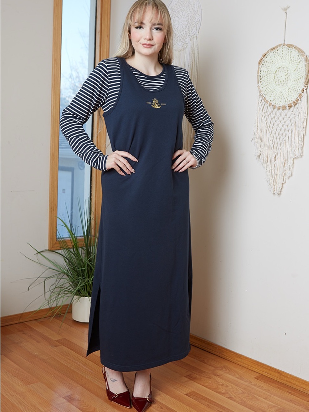 80s Vintage Koret Navy Nautical Maxi Dress S